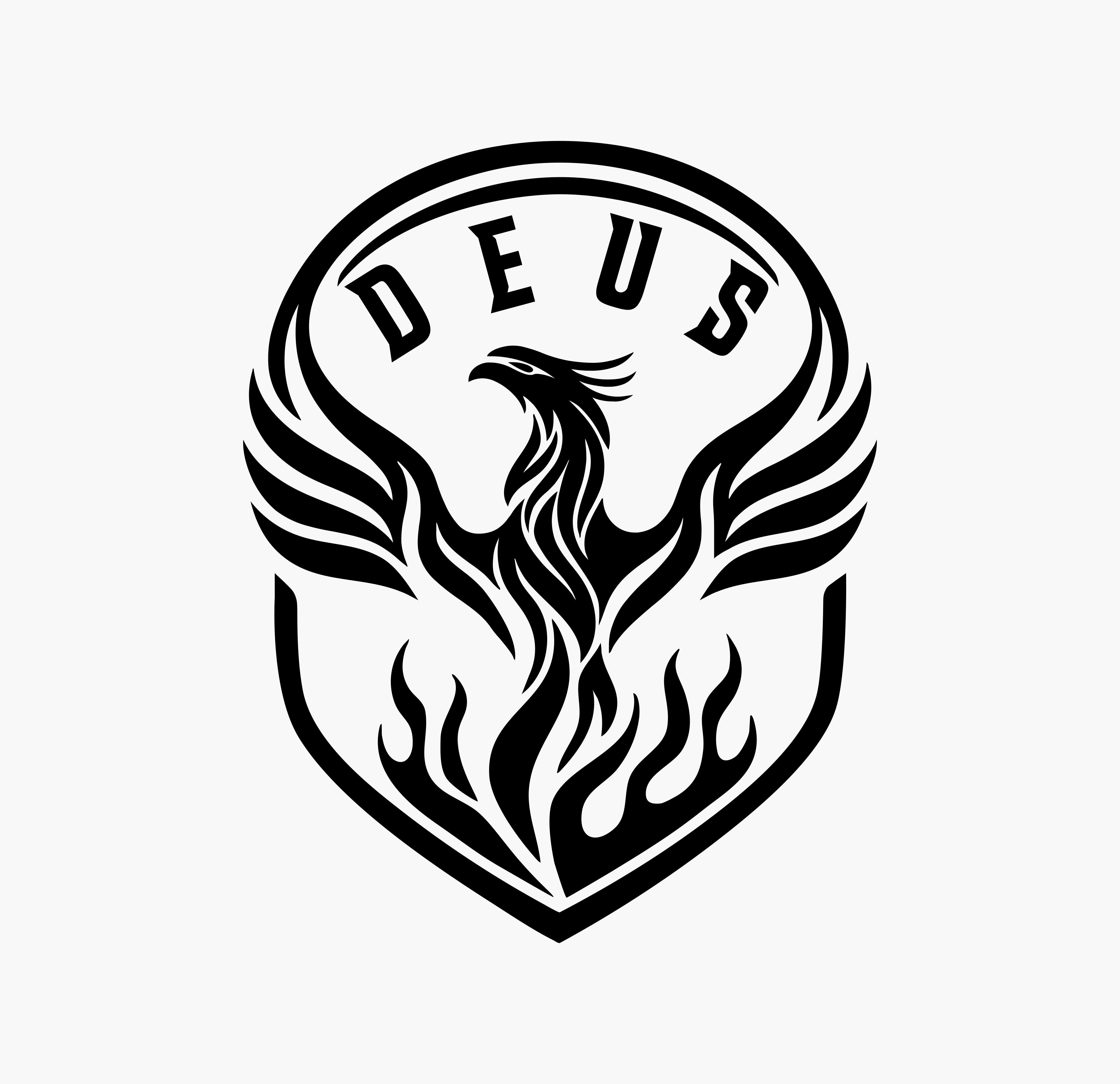 DEUS phoenix emblem in black on white.
