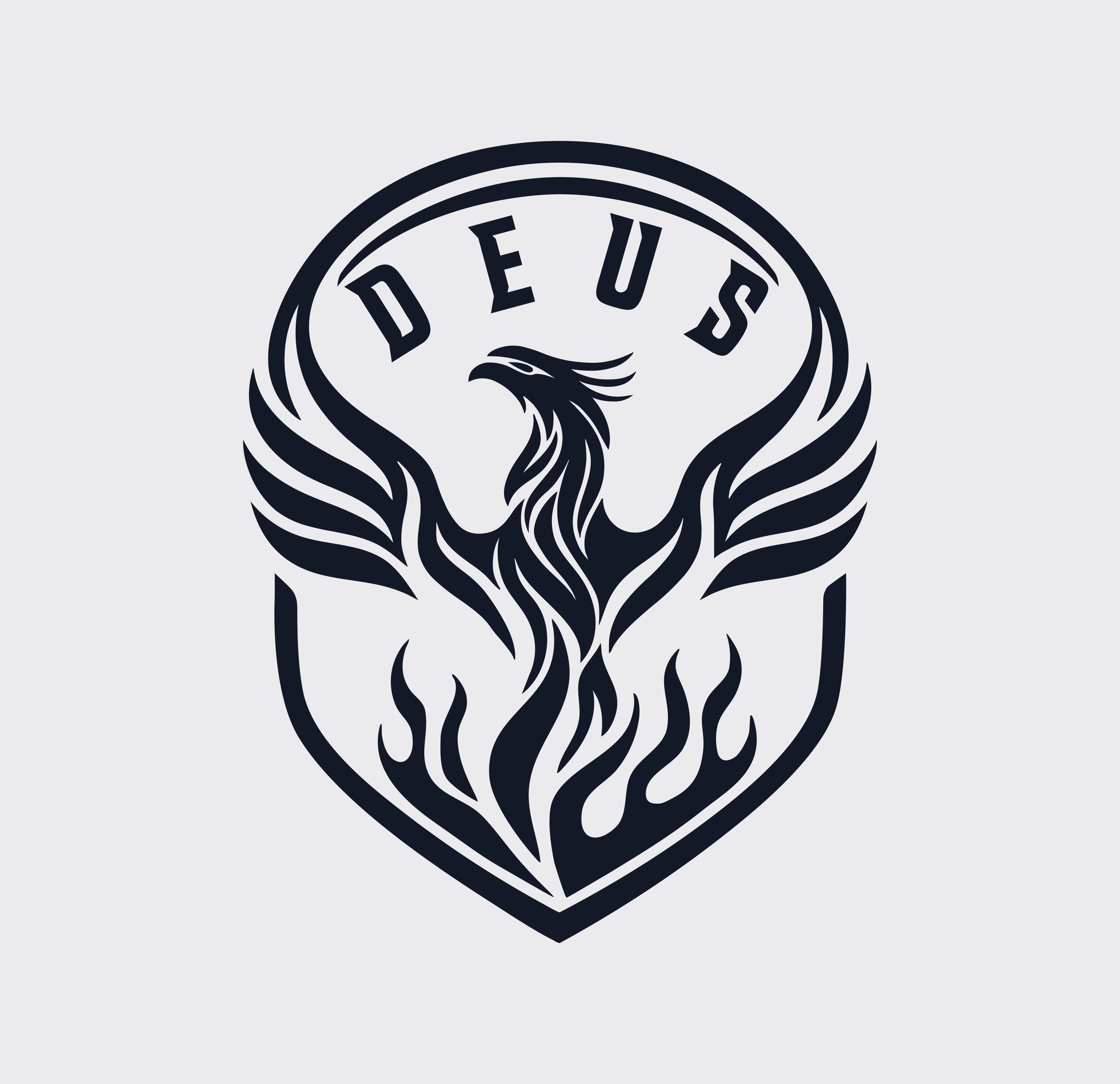 DEUS phoenix emblem in dark navy on light grey.