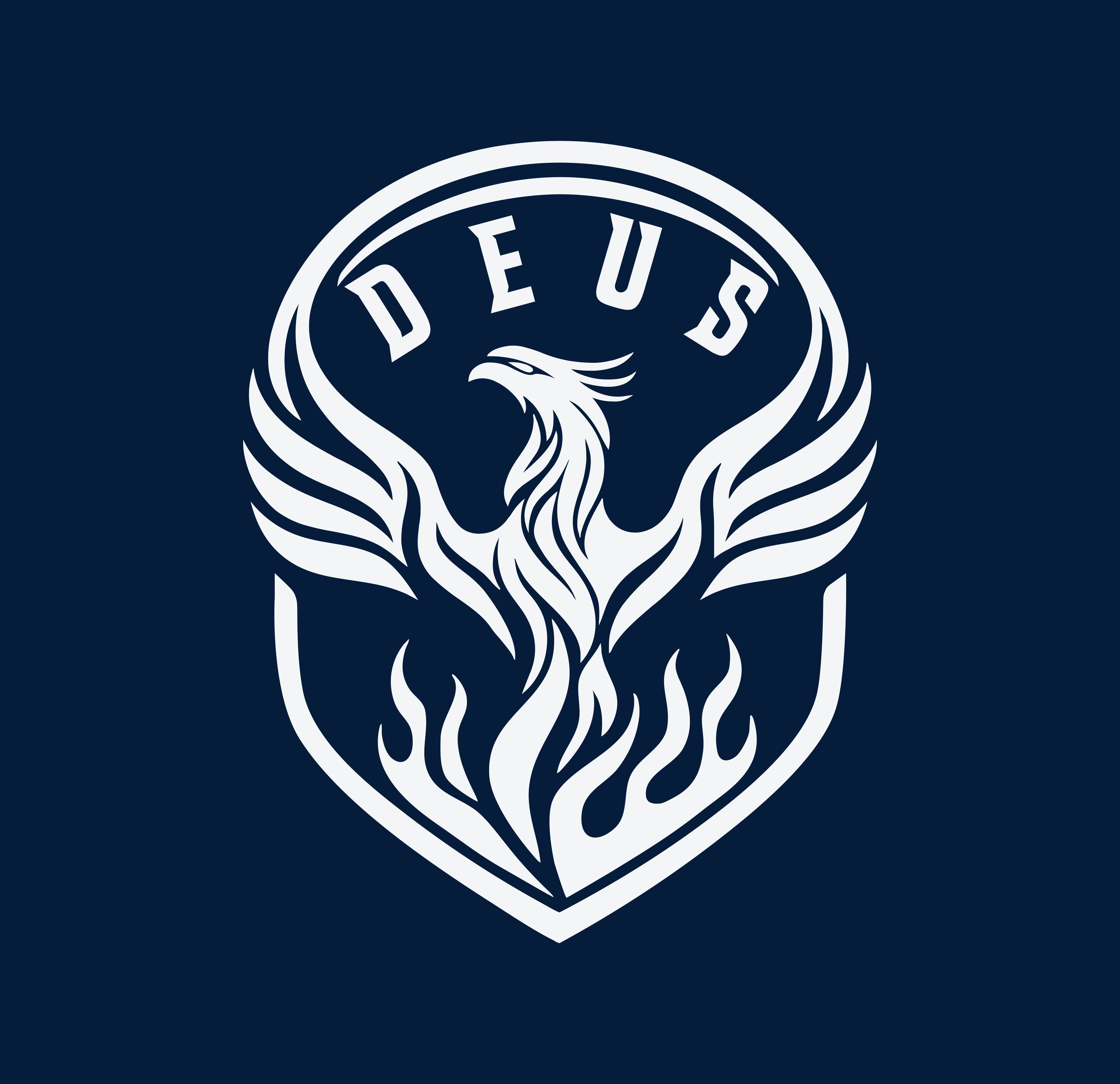 DEUS phoenix emblem reversed in white on deep navy.