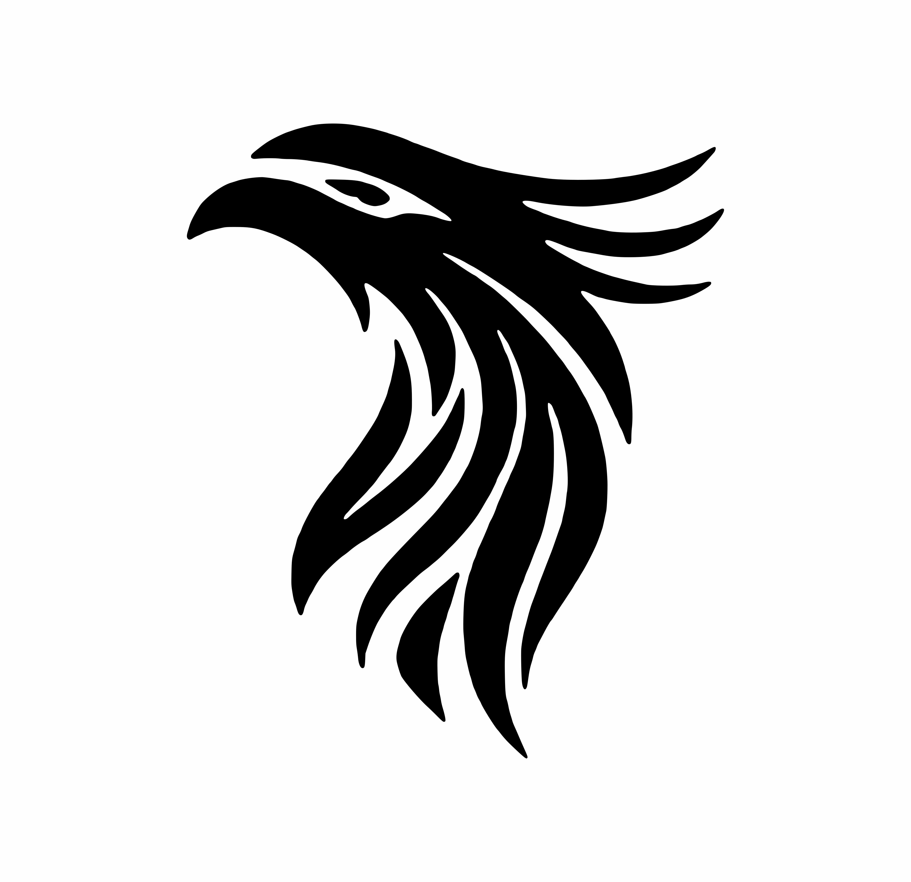 Simplified DEUS phoenix head and wing icon in black.
