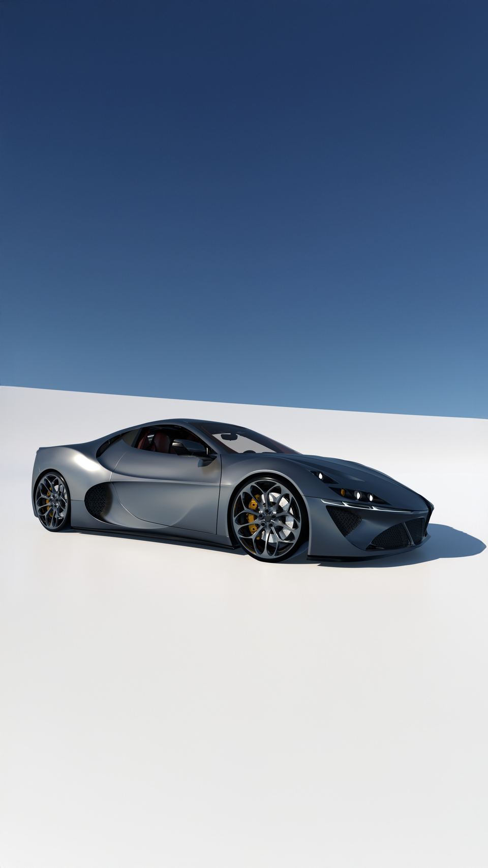 Evangelum, a graphite two-door hypercar designed by Azeria Studios for DEUS Automobiles, seen from the front three-quarter on white sand beneath a deep blue sky.
