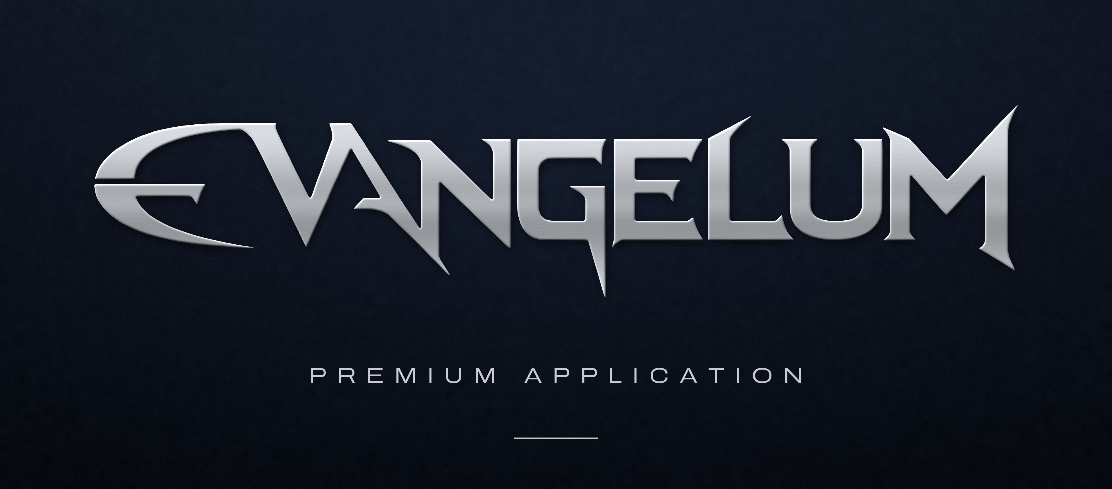 Evangelum wordmark in brushed metallic finish on a dark textured surface.