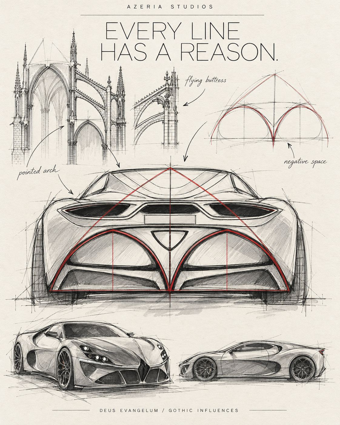 Study sheet ‘Every line has a reason’: Gothic cathedral sketches — pointed arch, flying buttress, negative space — traced in red onto the rear of Evangelum.