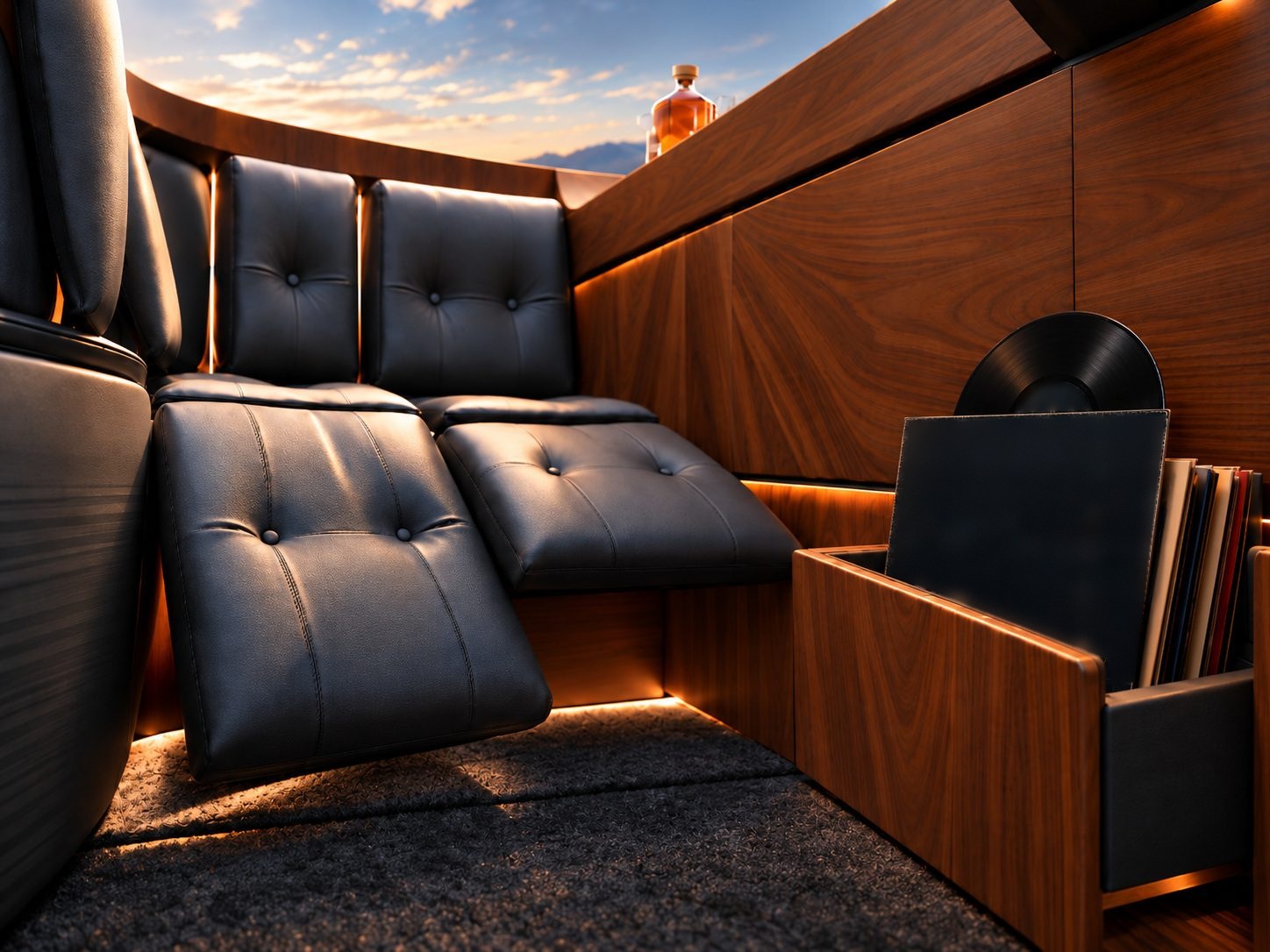 Lounge seating and record drawer.