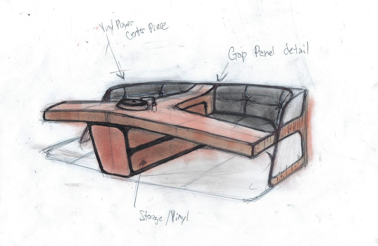 Vinyl player centrepiece, gap-panel detail, record storage.