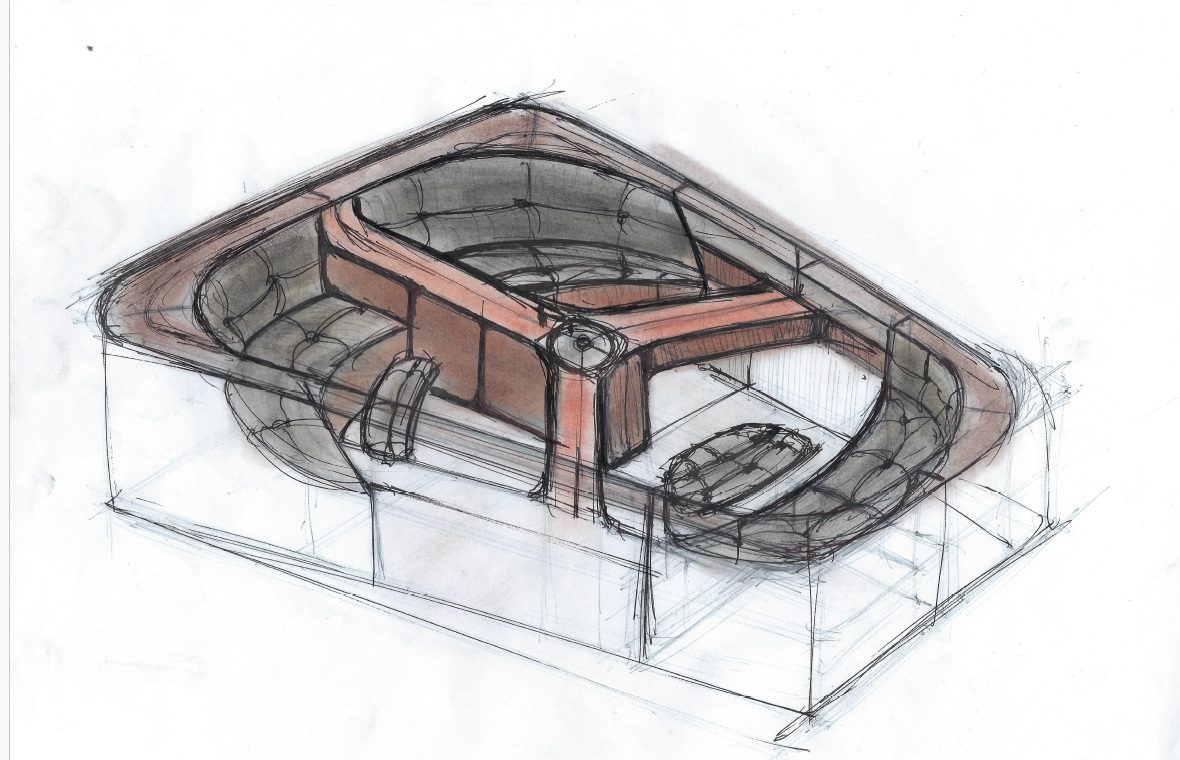 Marker sketch from above: walnut shell, tufted seating, central table.