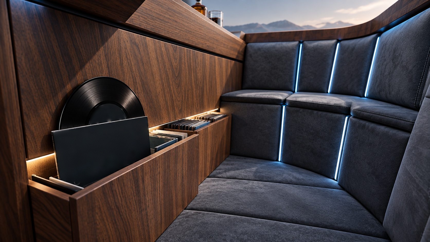 Storage built into the walnut panel.
