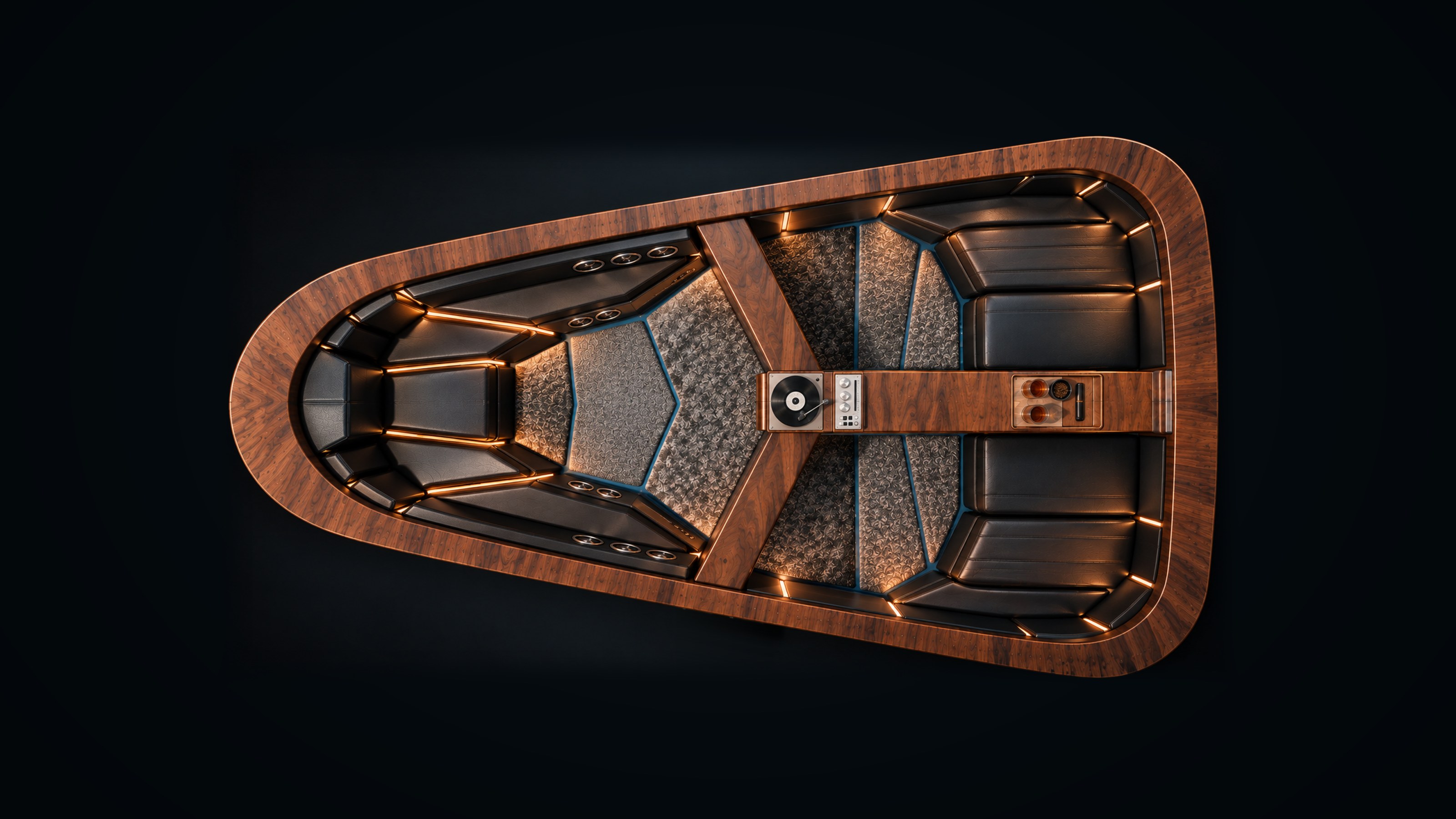 The Brionvega cabin in the 3D model, seen from above: a walnut shell, black leather lounge seating on both sides, ambient light strips along the walls, and a Y-shaped walnut table with the record player at its centre.