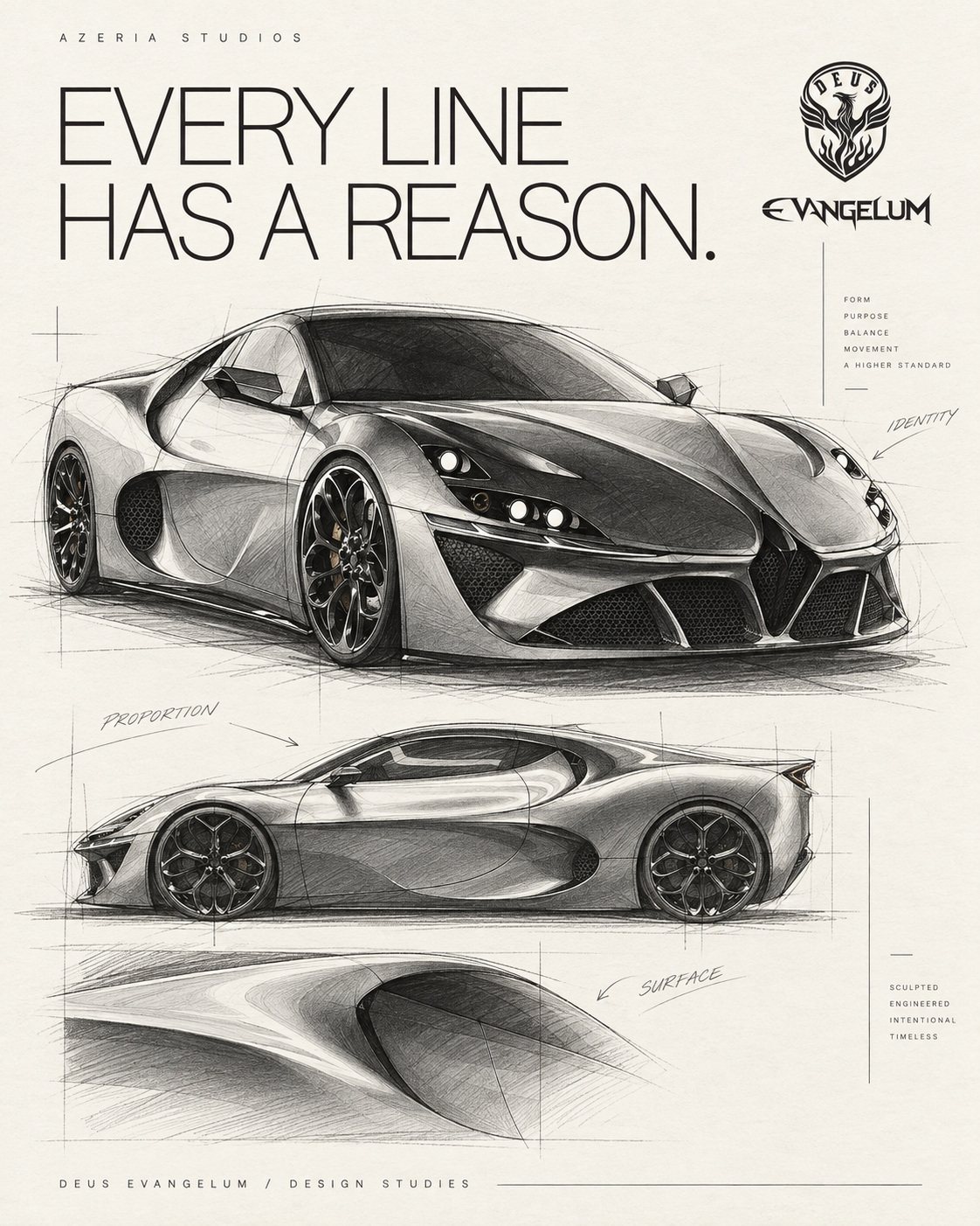 Design studies: identity, proportion and surface on one sheet.