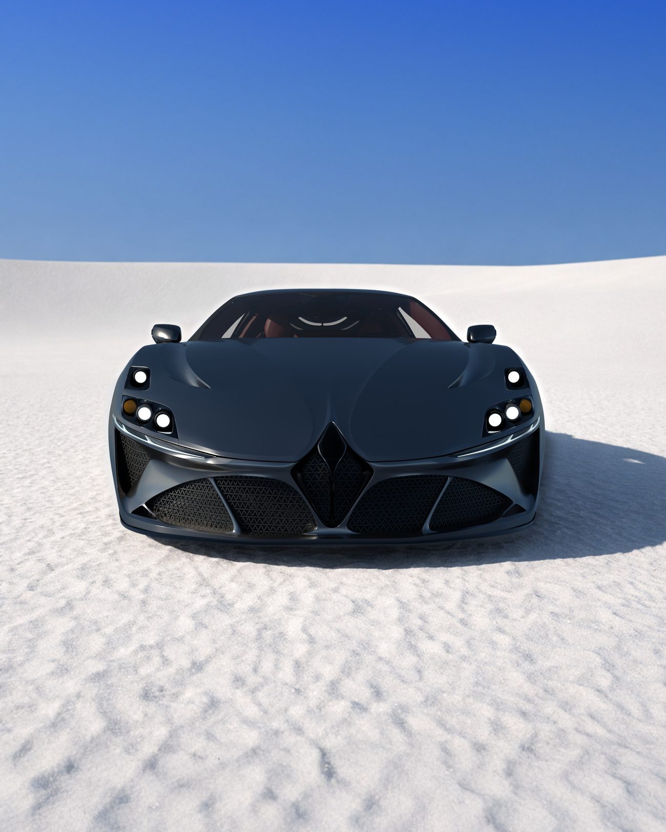 Front. Diamond nose element between lattice-mesh intakes.