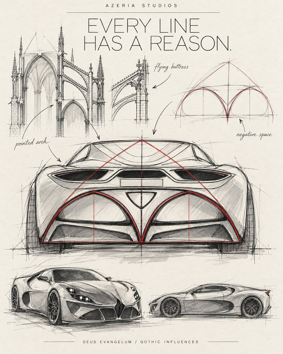 Gothic influences: pointed arch, flying buttress and negative space, traced onto the rear of the car.