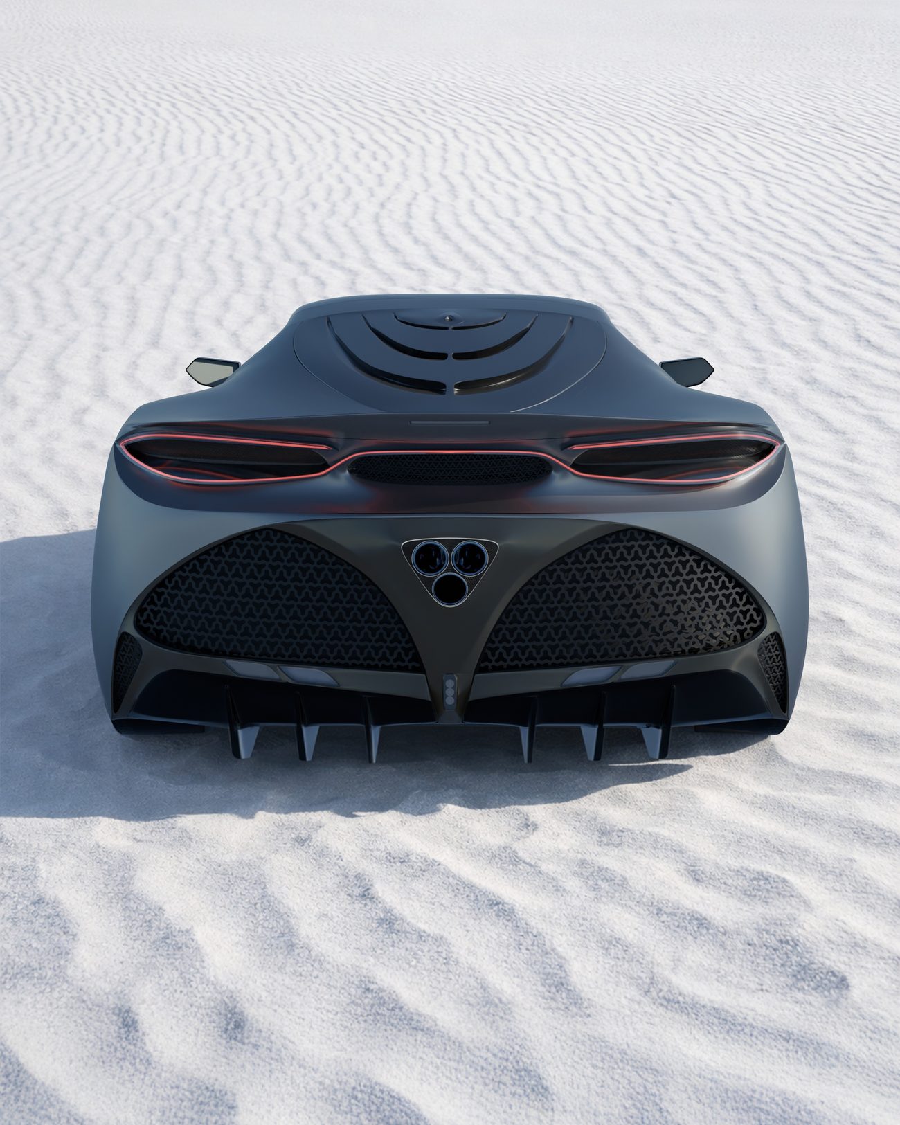 Rear, elevated. Ribbed deck and triple-ring motif.