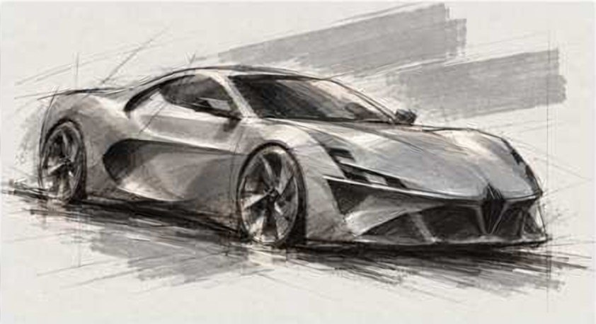 Sketch: Volume and light. The flank is carved into one continuous sweep.