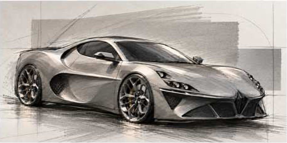 Rendered sketch: Graphics resolved: stacked lamps, blade light line, diamond nose.
