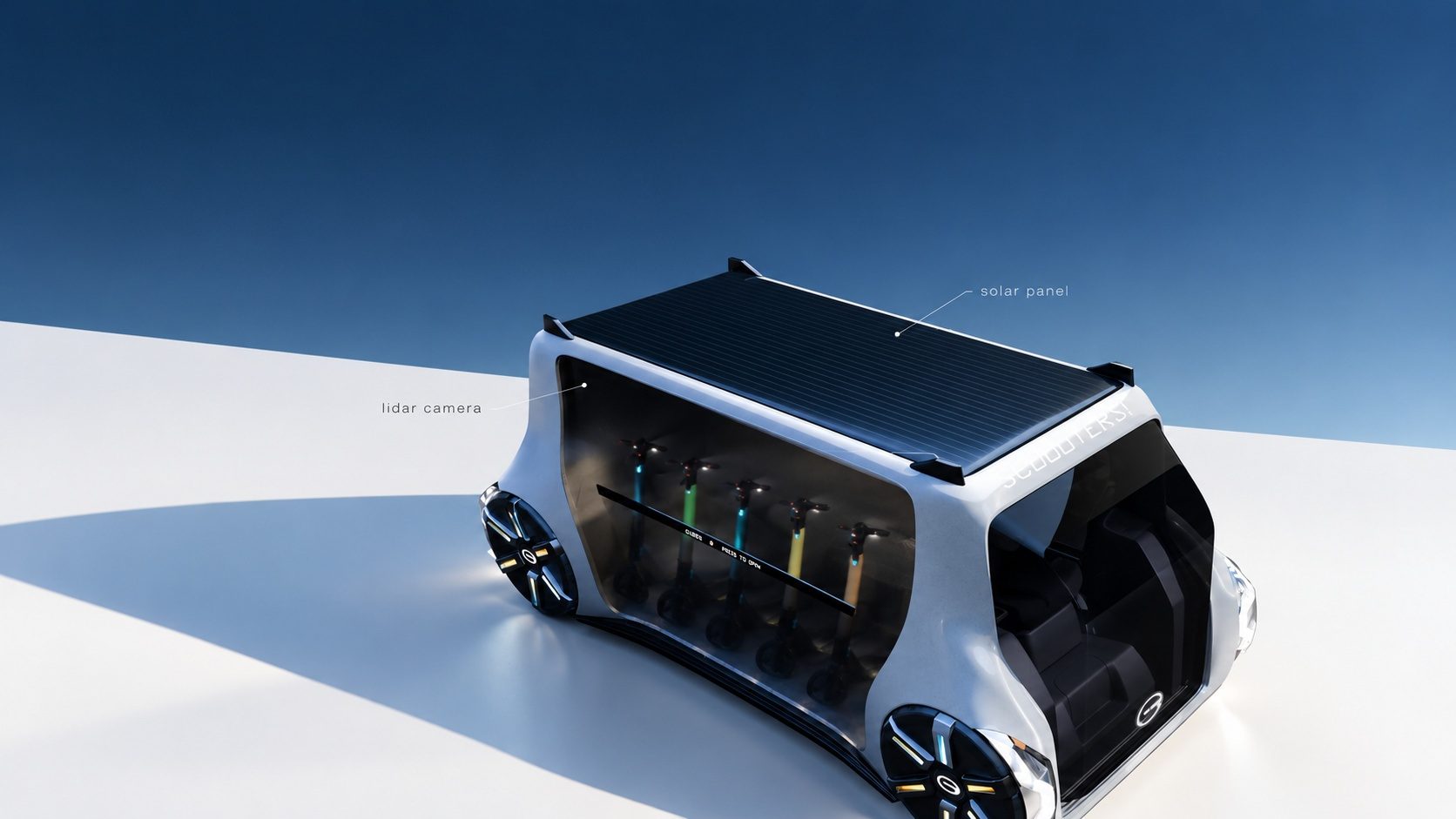 From above: solar roof, lidar camera at the front corner, scooters lit behind the glass.