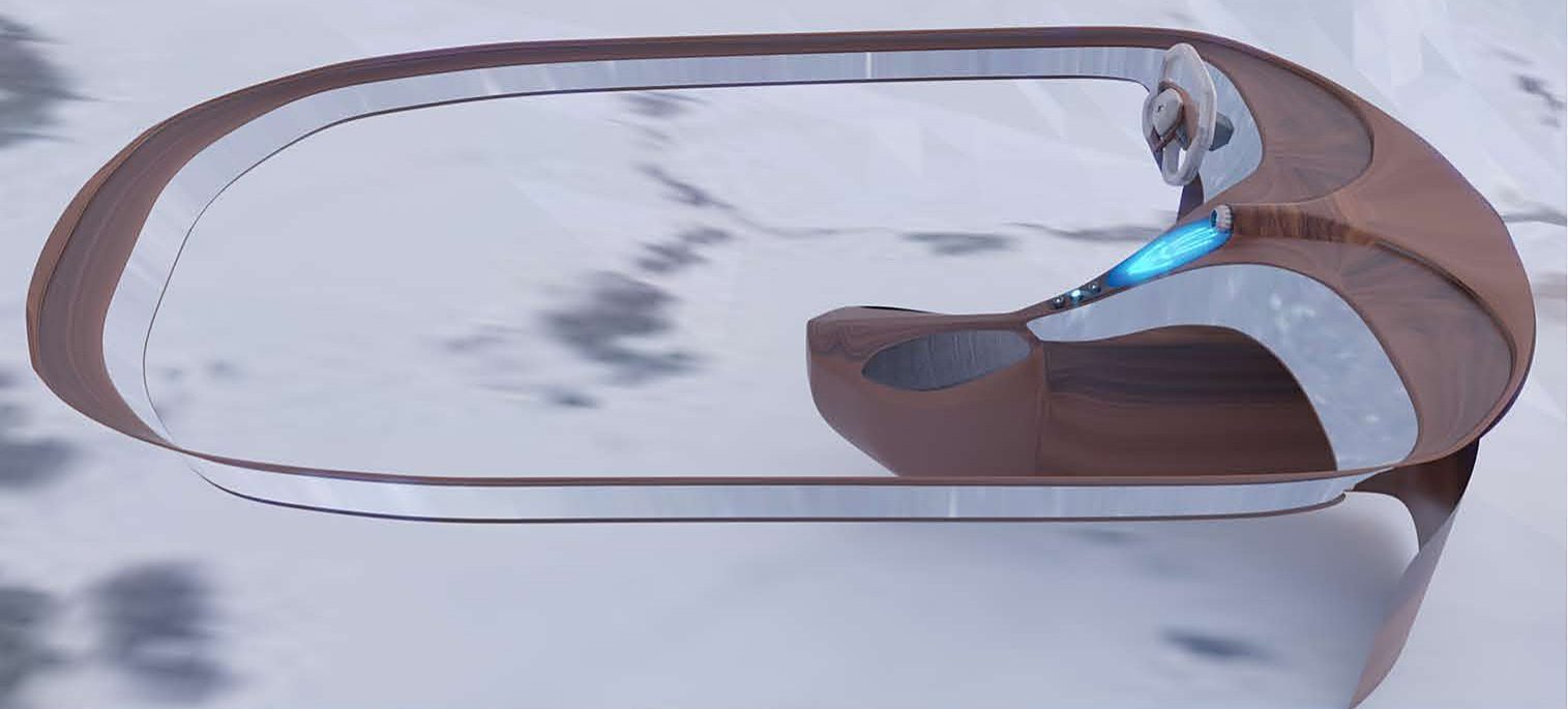 The dashboard and its screen as one continuous band around the cabin, seen from above.