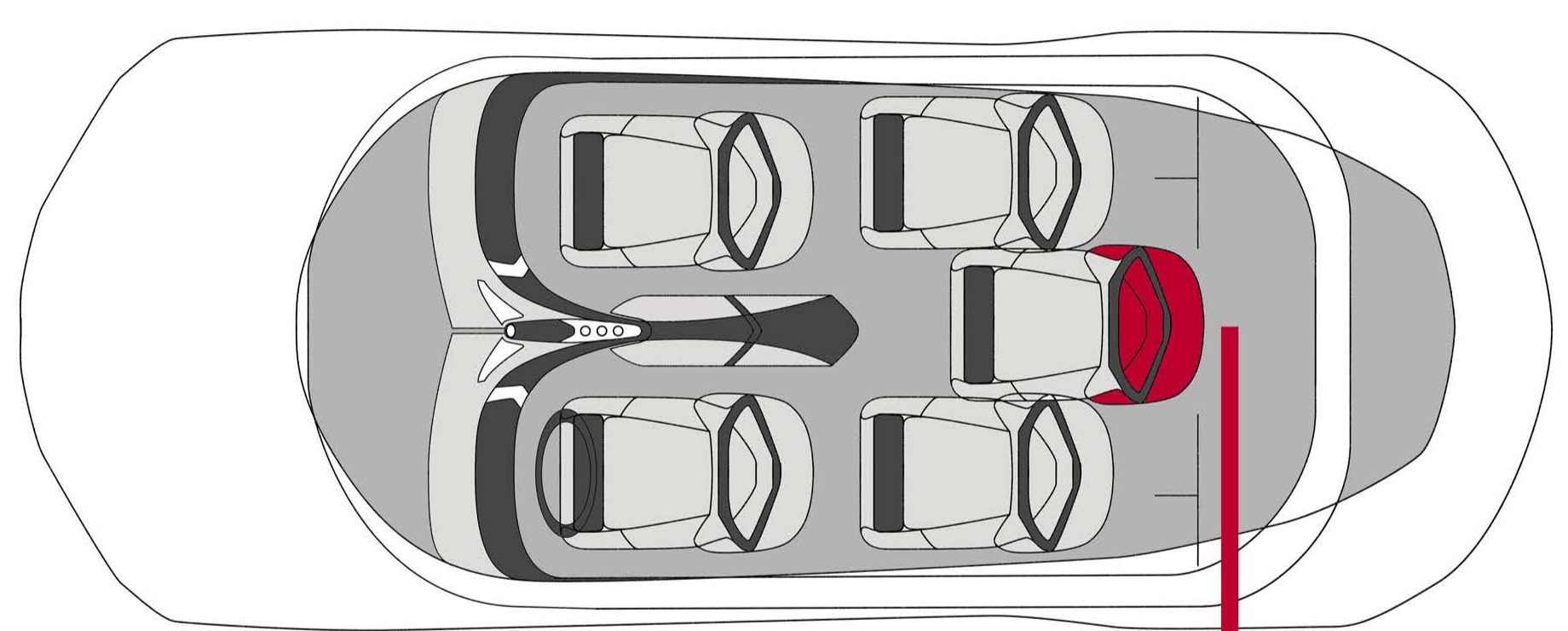 Plan view. Two front seats, two rear seats and a fifth seat set back in the middle.