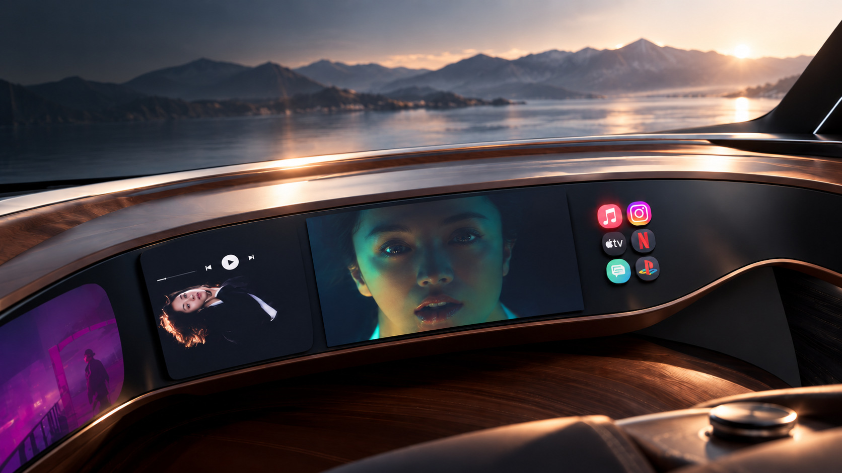 The wrap-around display across the walnut dashboard, showing music, a film and apps, with a lake at sunset beyond.