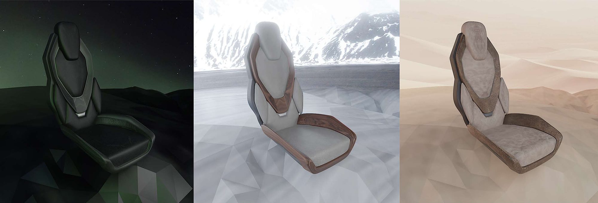 The same seat in three finishes: Aurora Black, Icelandic Grey and Sand Dune.