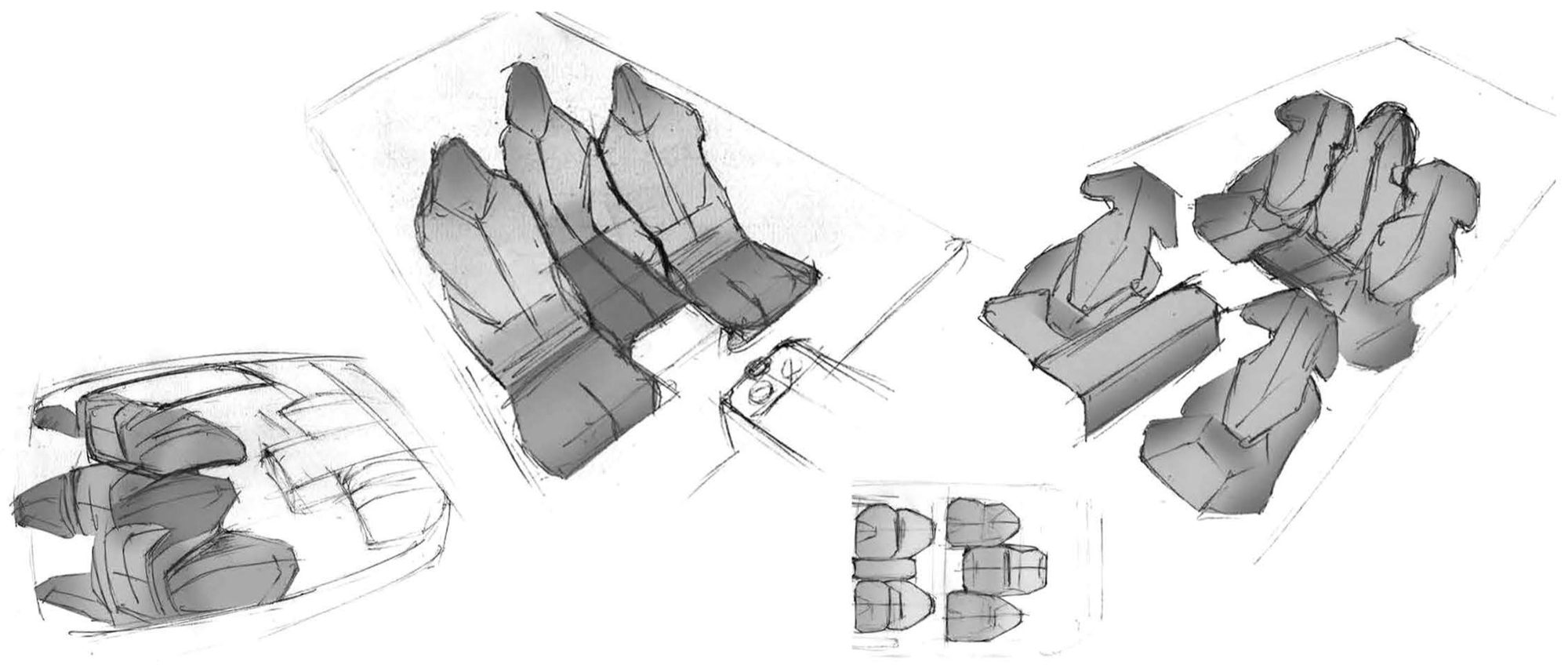 Five-seat arrangements, explored in plan and perspective.