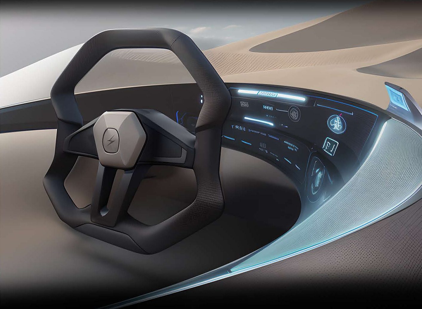 Steering wheel and wrap-around display.