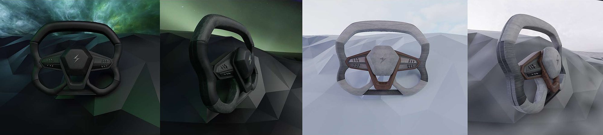 Steering wheel in Aurora Black and Icelandic Grey.
